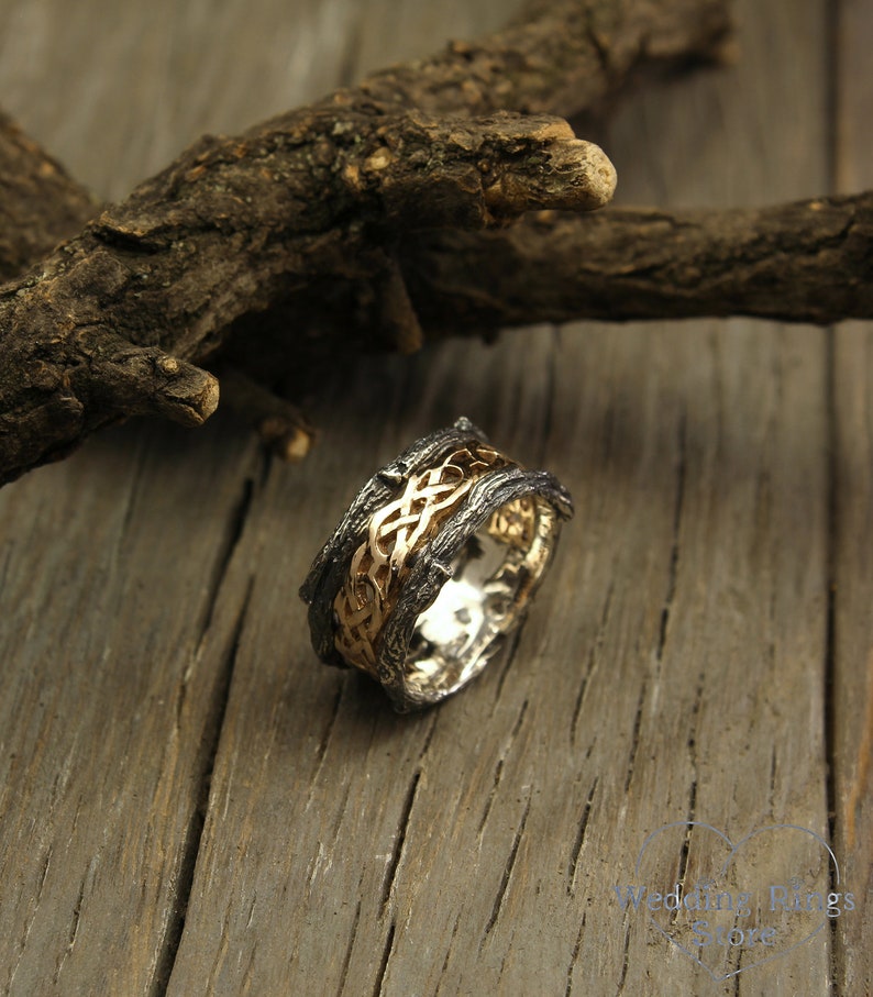 Celtic knot and Tree bark Men's Wedding Band in Mixed Metals