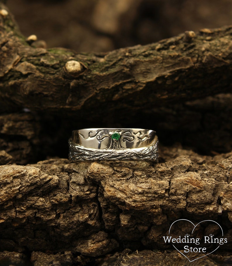 Family Tree Silver Wedding Ring band with Emerald