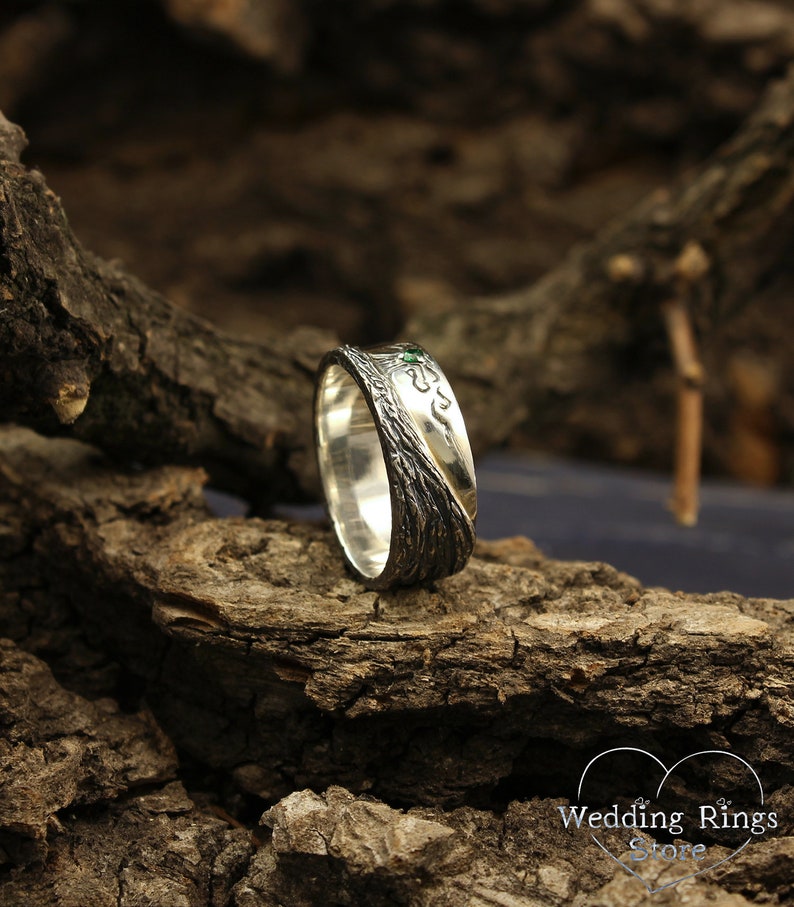 Family Tree Silver Wedding Ring band with Emerald