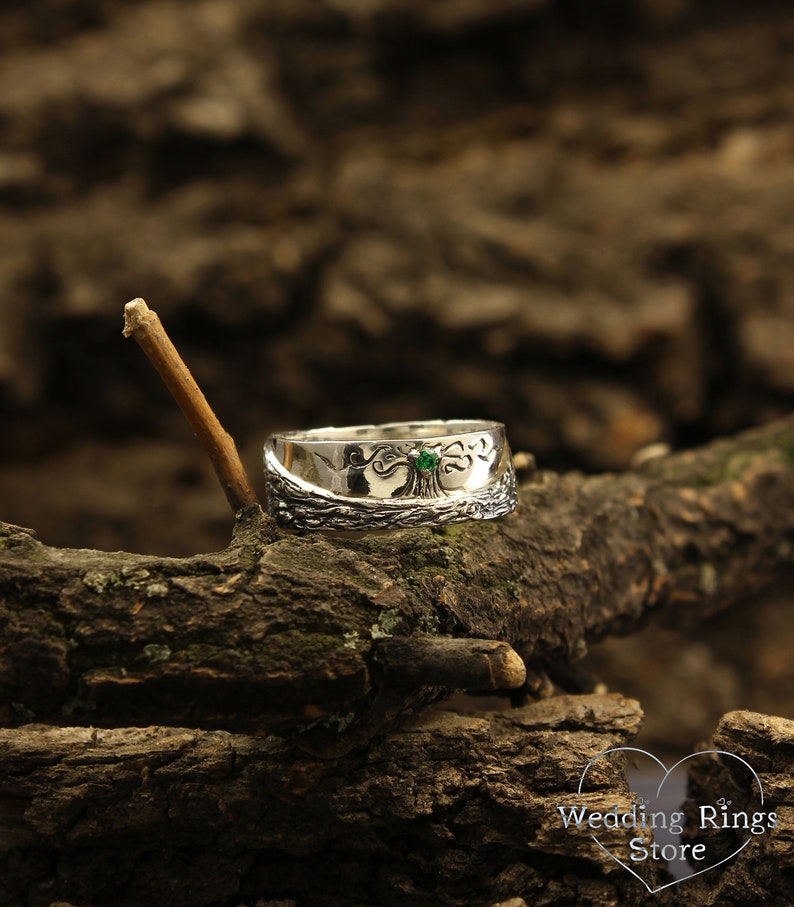 Family Tree Silver Wedding Ring band with Emerald