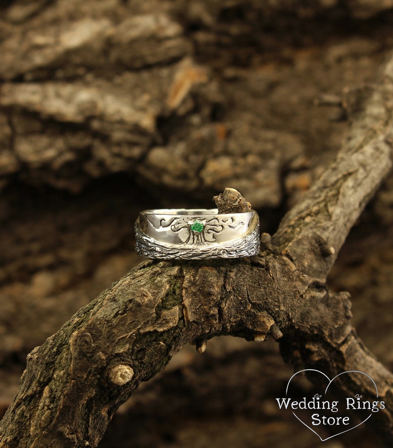 Family Tree Silver Wedding Ring band with Emerald