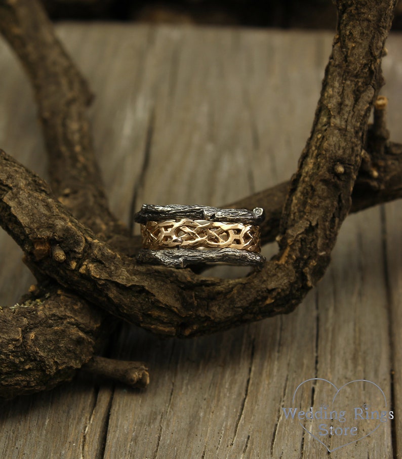 Celtic knot and Tree bark Men's Wedding Band in Mixed Metals