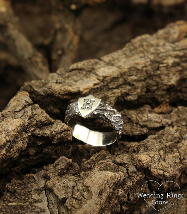 Unique Mens initial Ring with Shield in Silver