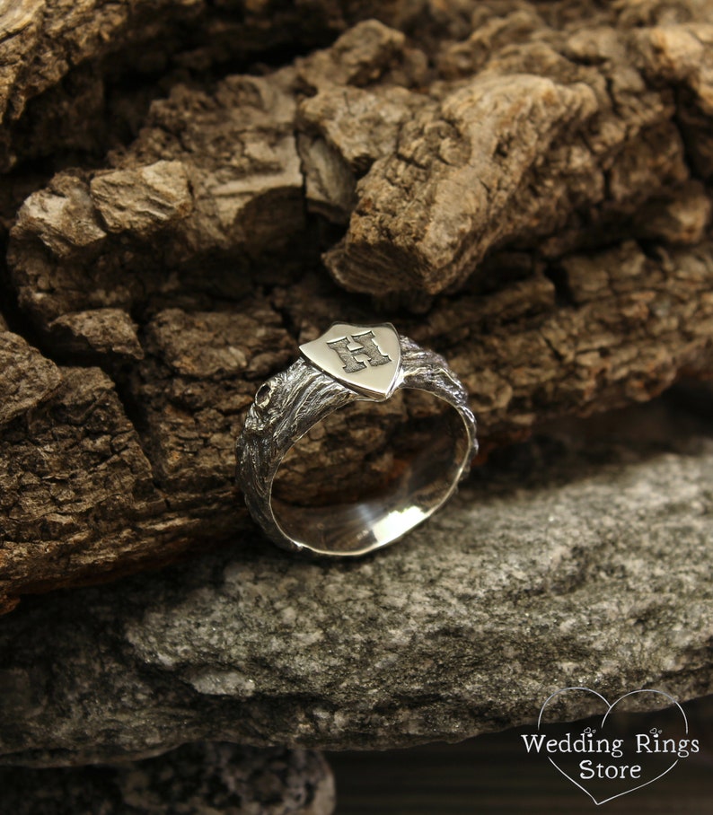 Unique Mens initial Ring with Shield in Silver