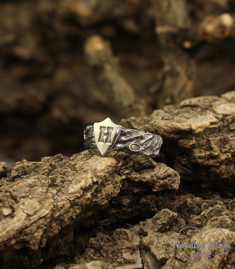 Unique Mens initial Ring with Shield in Silver