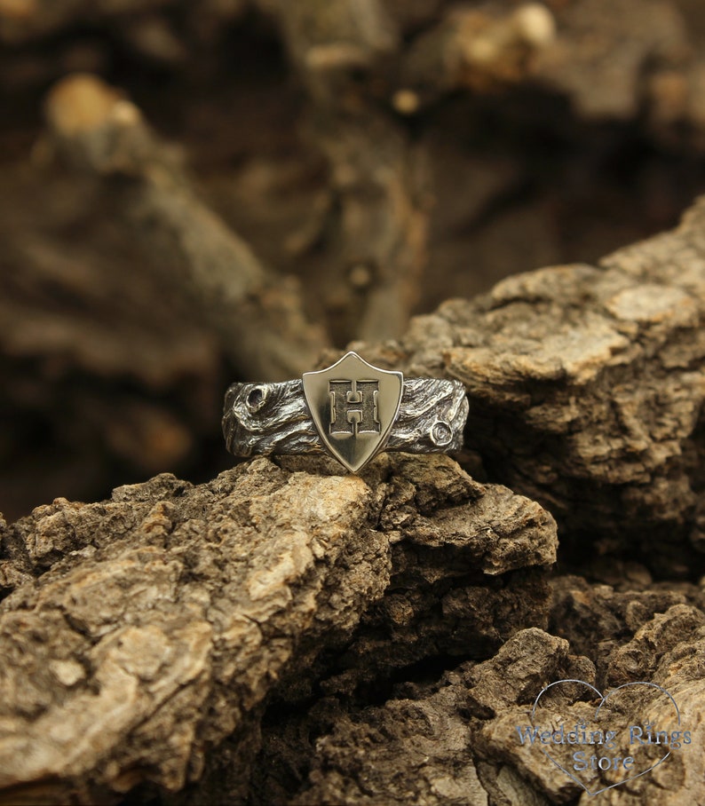 Unique Mens initial Ring with Shield in Silver