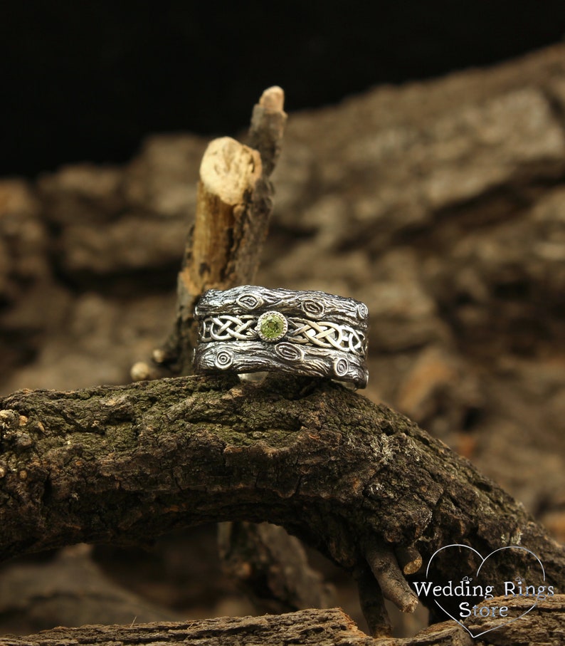 Silver bark with Celtic Weaves & Peridot Wedding Ring