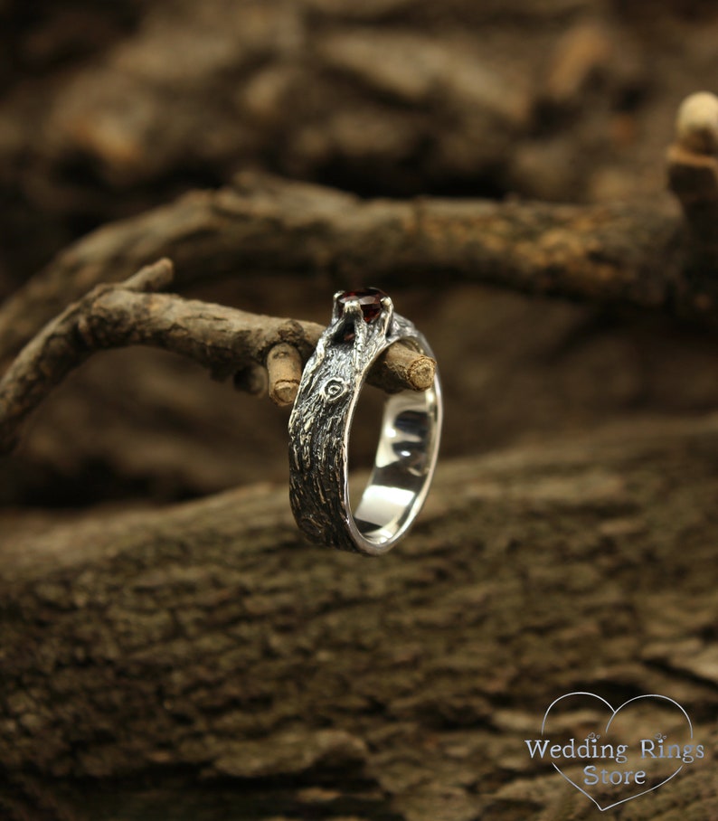 Rustic Wild Nature Silver Tree bark Garnet Ring