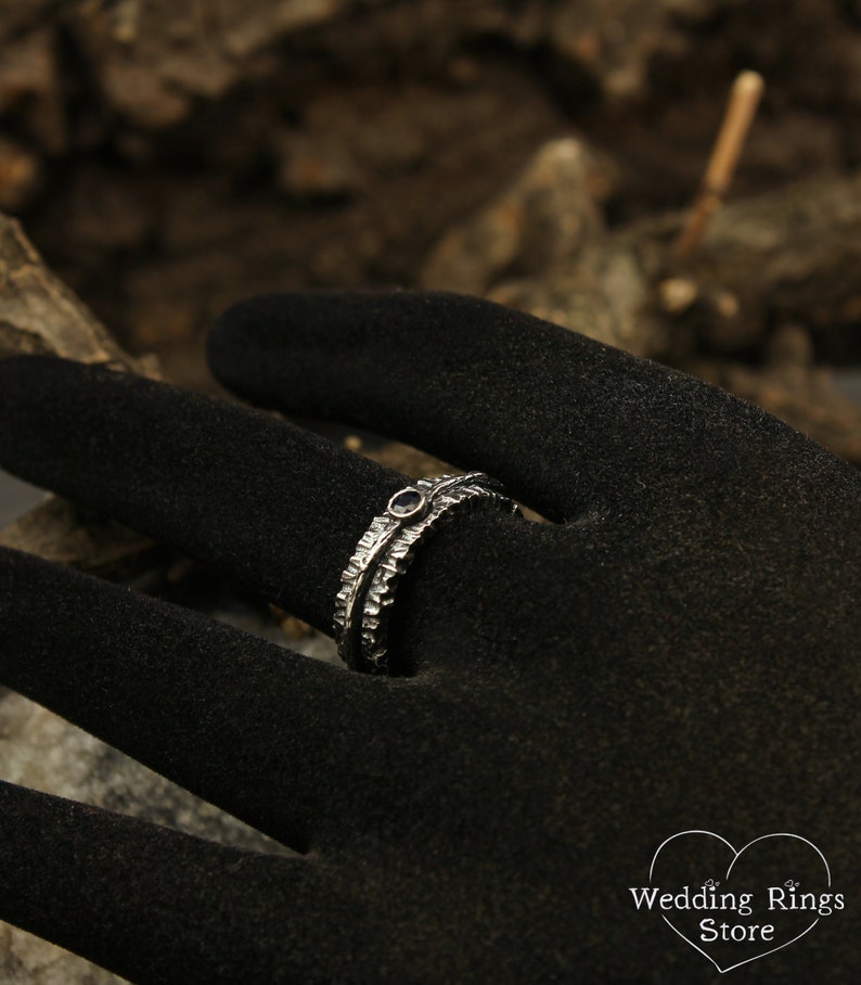 Sapphire & Woodbark Silver Durable Wedding Band