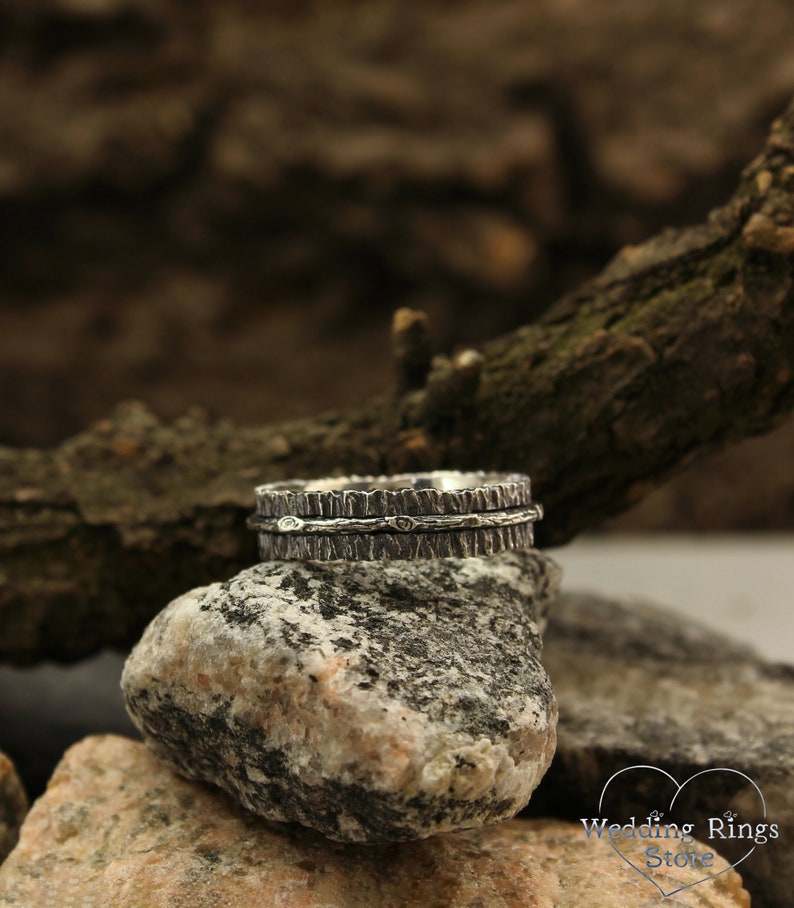 Tree bark texture Rustic Silver Wedding Ring