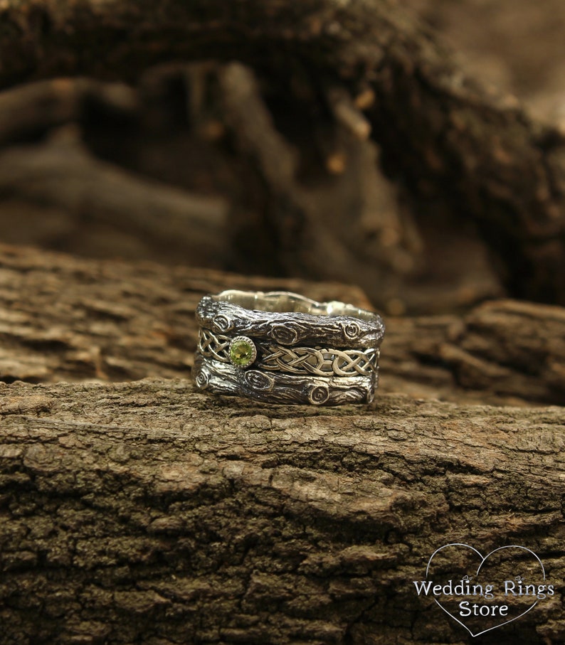 Silver bark with Celtic Weaves & Peridot Wedding Ring