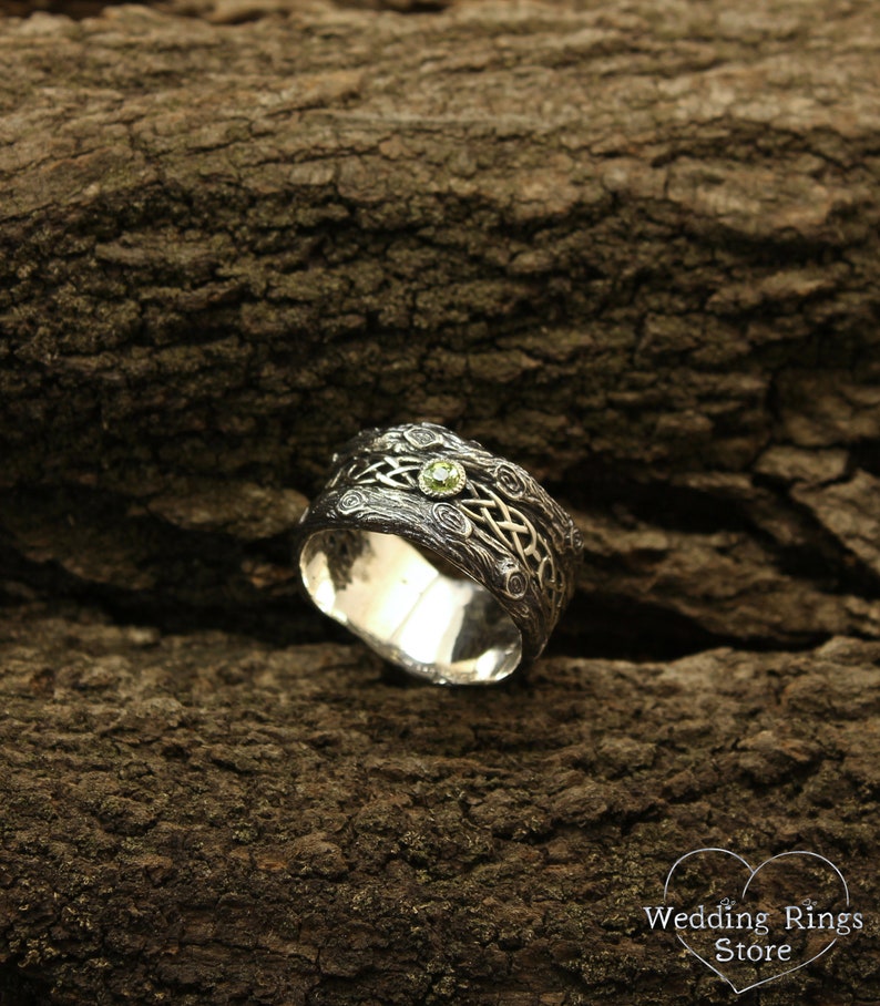 Silver bark with Celtic Weaves & Peridot Wedding Ring