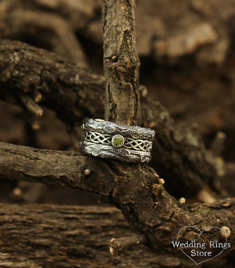 Silver bark with Celtic Weaves & Peridot Wedding Ring