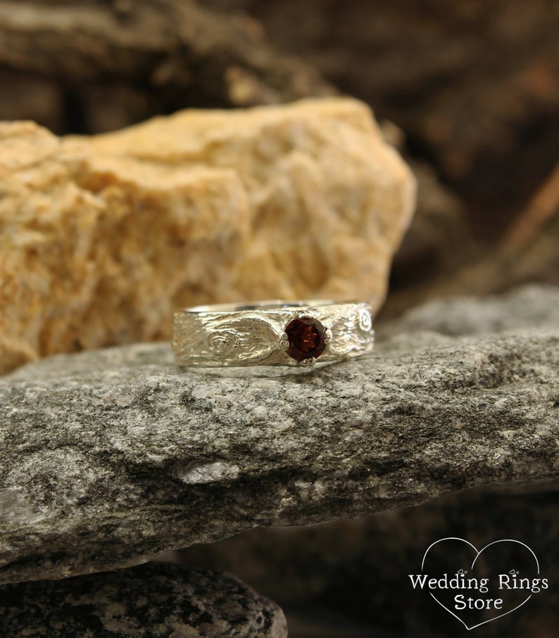 Rustic Wild Nature Silver Tree bark Garnet Ring