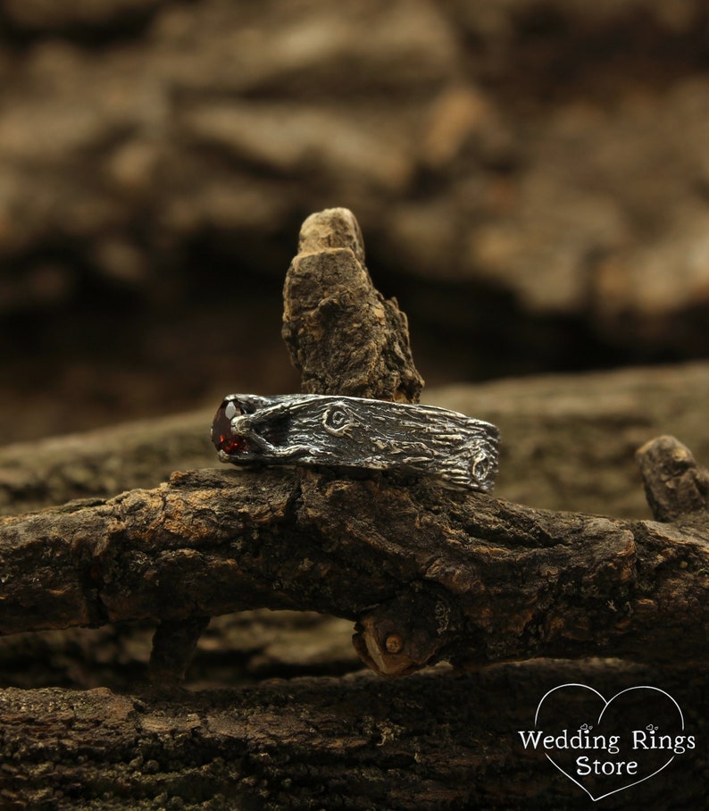 Rustic Wild Nature Silver Tree bark Garnet Ring