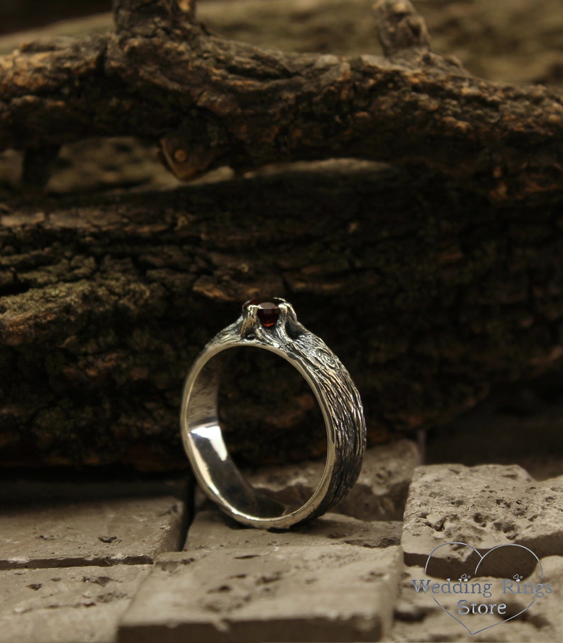 Rustic Wild Nature Silver Tree bark Garnet Ring