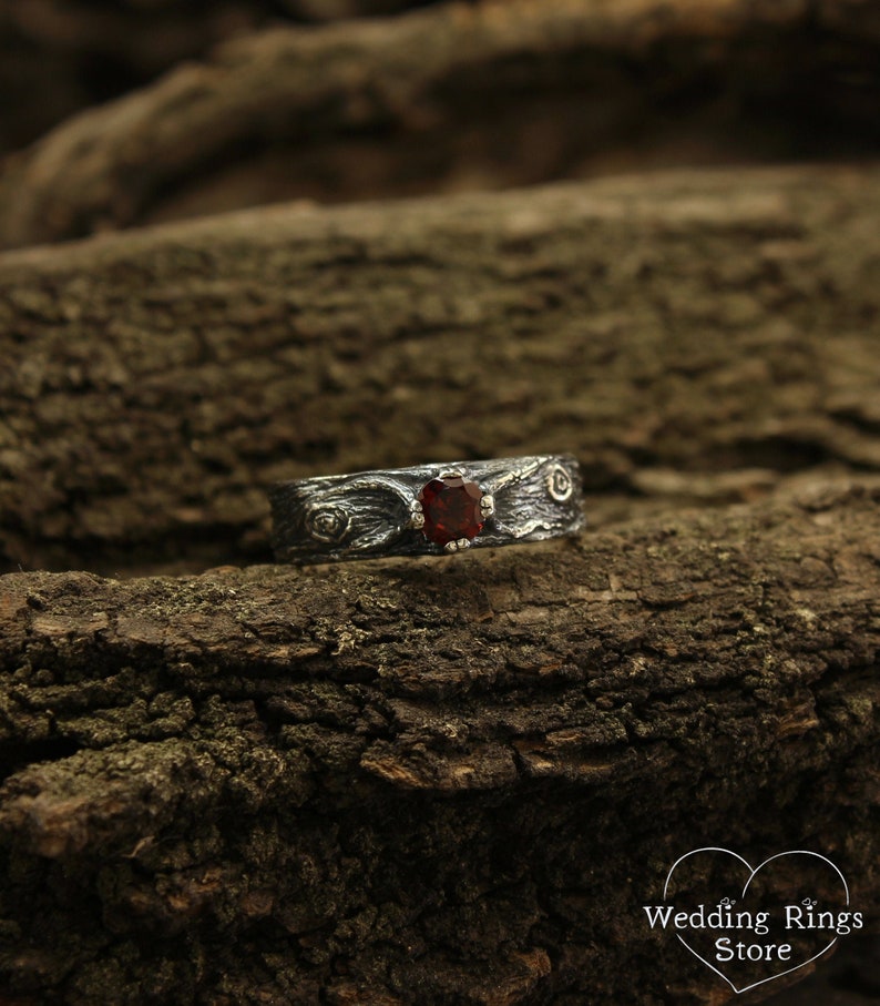 Rustic Wild Nature Silver Tree bark Garnet Ring