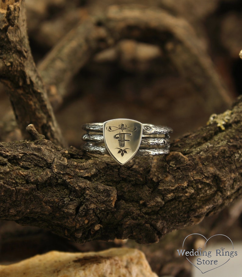 Unique Silver Men's Shield Ring with a Personalized Letter