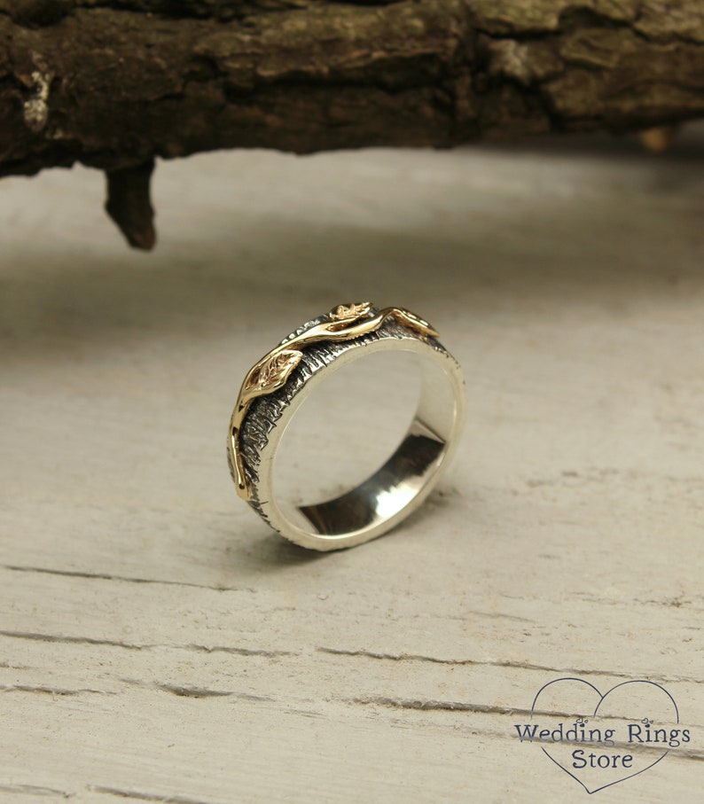 Silver Woodgrain & Gold Leaves Mixed Metal Wedding Ring