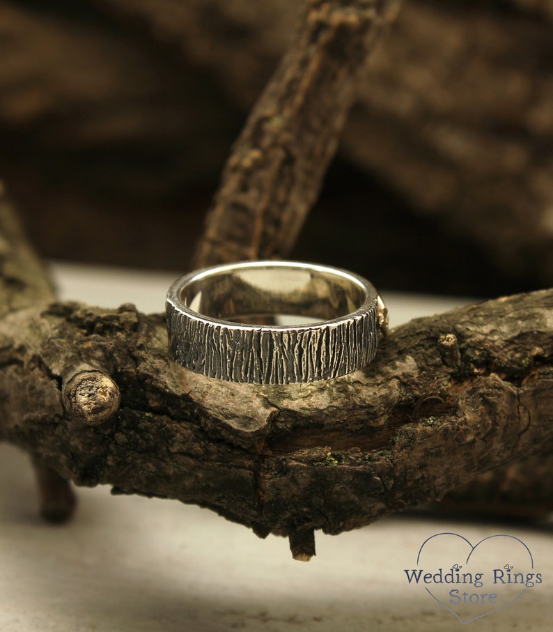 Silver Woodgrain & Gold Leaves Mixed Metal Wedding Ring