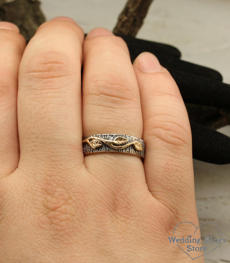 Silver Woodgrain & Gold Leaves Mixed Metal Wedding Ring