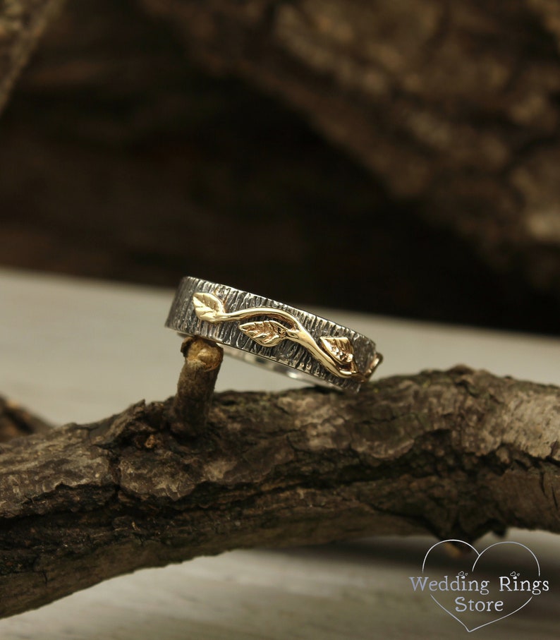 Silver Woodgrain & Gold Leaves Mixed Metal Wedding Ring