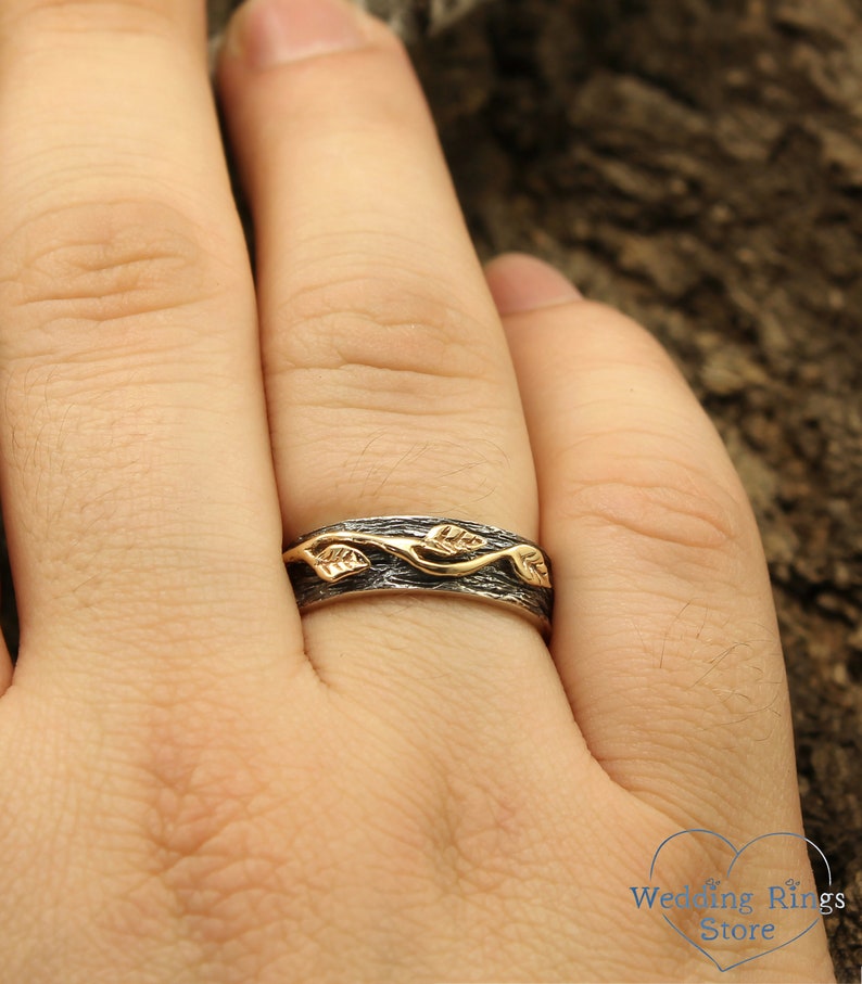 Tree bark Wedding Ring with three Leaves in Mixed Metals