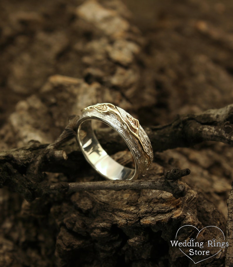 Tree bark Wedding Ring with three Leaves in Mixed Metals