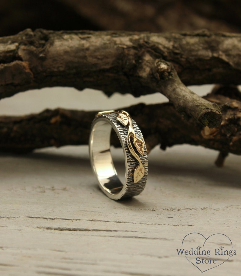 Silver Woodgrain & Gold Leaves Mixed Metal Wedding Ring