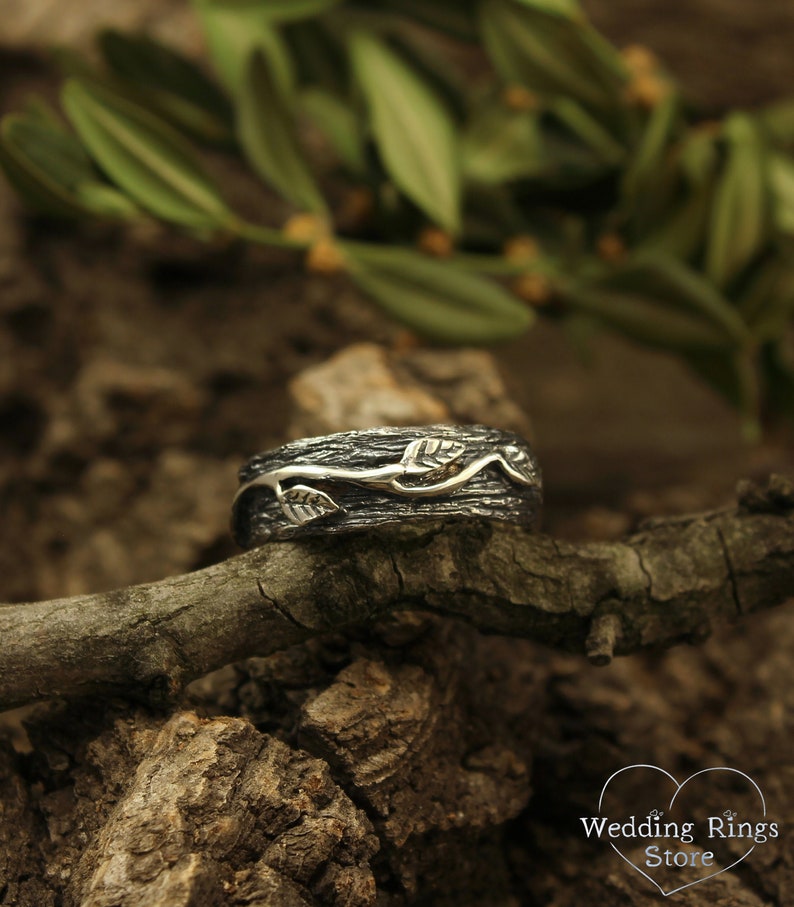 Tree & Leaves – Woodbark Silver Wedding Ring for Him and Her