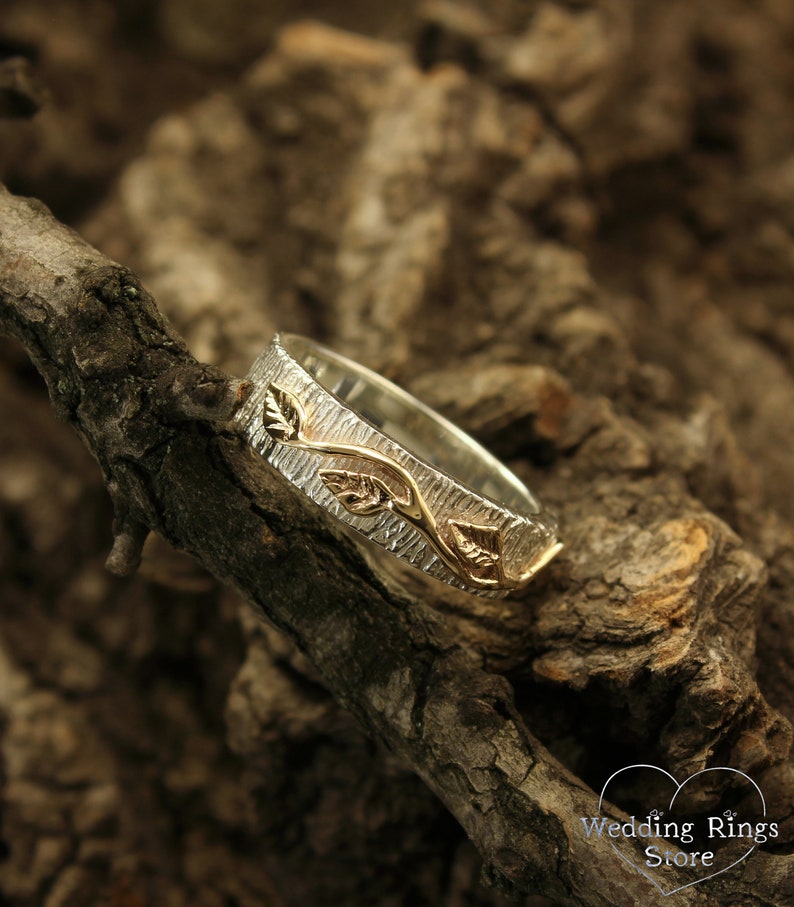 Silver Woodgrain & Gold Leaves Mixed Metal Wedding Ring