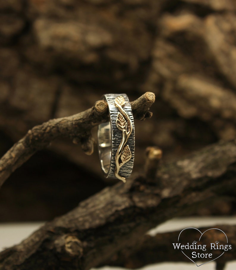 Silver Woodgrain & Gold Leaves Mixed Metal Wedding Ring