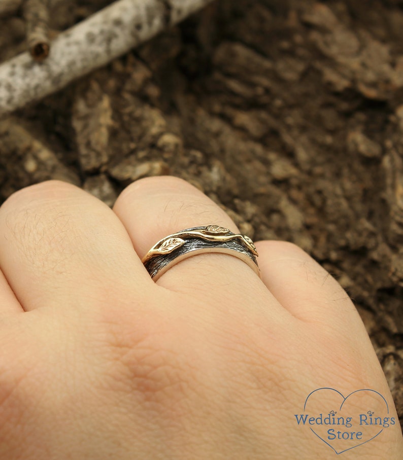 Tree bark Wedding Ring with three Leaves in Mixed Metals