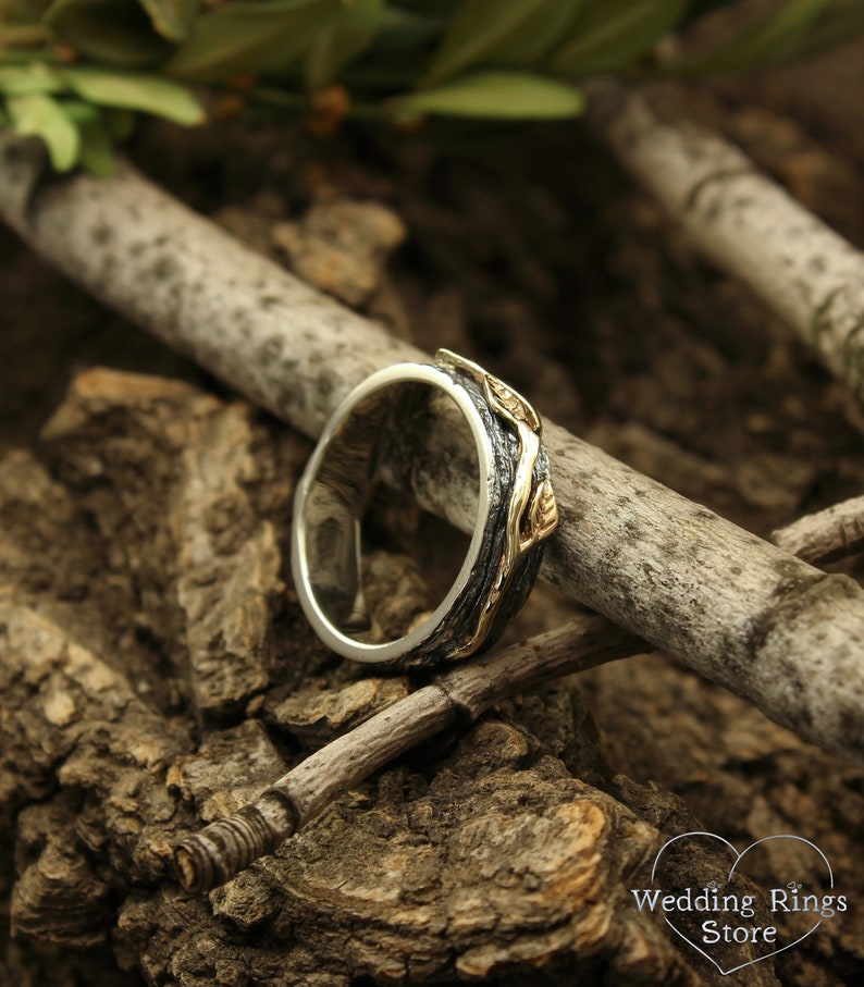 Tree bark Wedding Ring with three Leaves in Mixed Metals