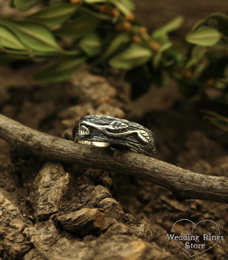 Tree & Leaves – Woodbark Silver Wedding Ring for Him and Her