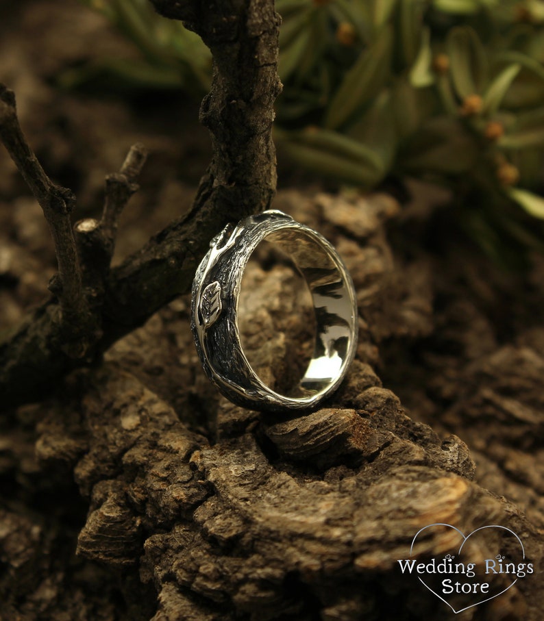 Tree & Leaves – Woodbark Silver Wedding Ring for Him and Her