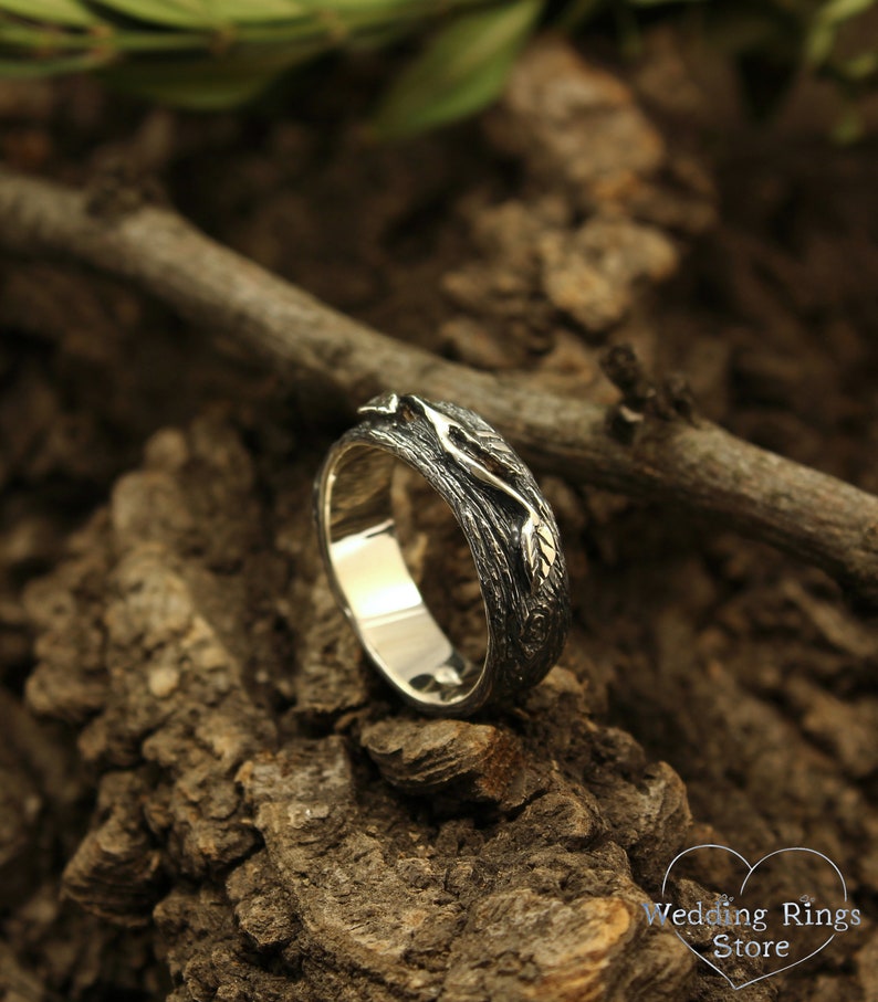 Tree & Leaves – Woodbark Silver Wedding Ring for Him and Her