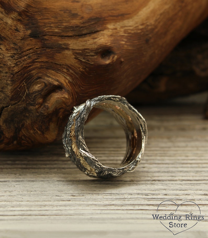 Gold Oak Leaves & Silver Twig Heavy Wedding Band 12mm