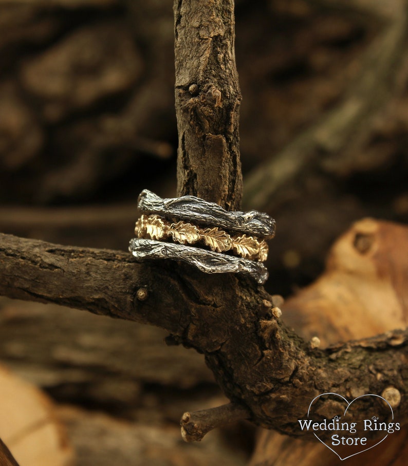 Gold Oak Leaves & Silver Twig Heavy Wedding Band 12mm