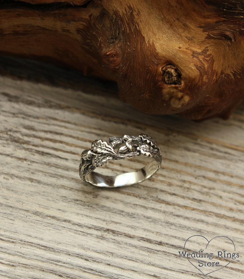 Leaves and Acorns on Silver Oak Branch Wedding Ring