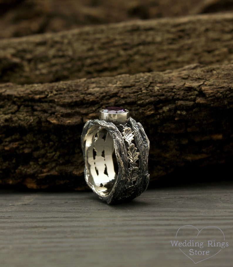 Oak Leaves in Wide Silver Ring with Amethyst