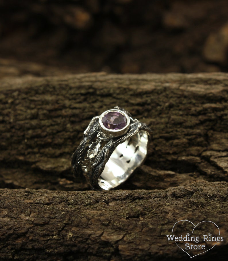 Oak Leaves in Wide Silver Ring with Amethyst