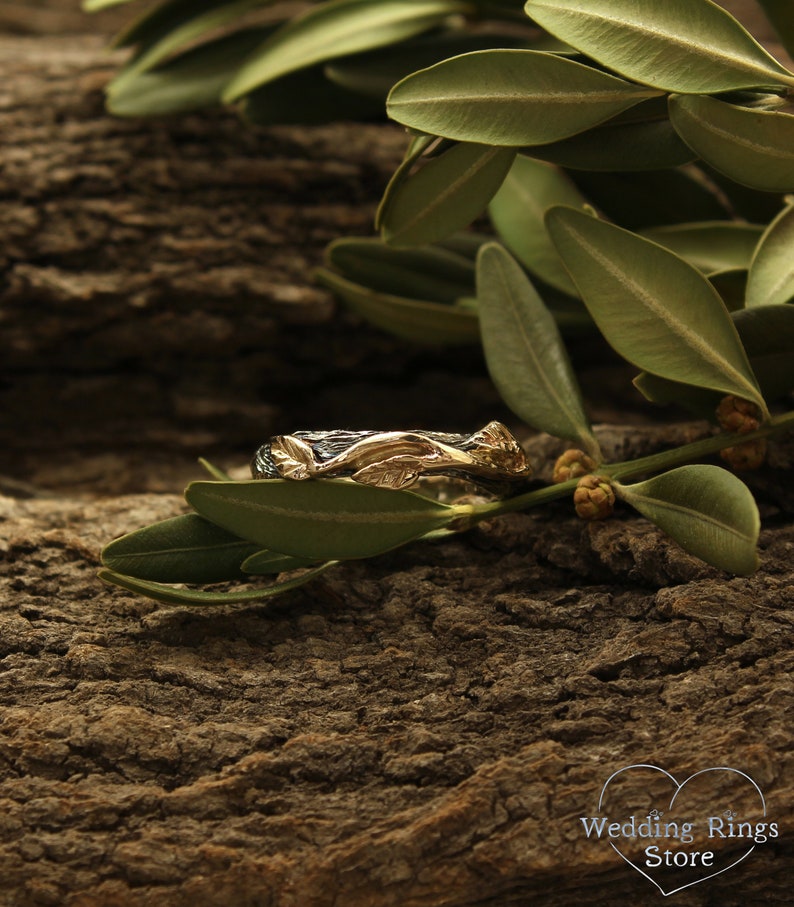 Cute Silver Branch & Gold Leaves Wedding Ring