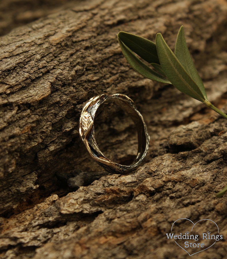 Cute Silver Branch & Gold Leaves Wedding Ring