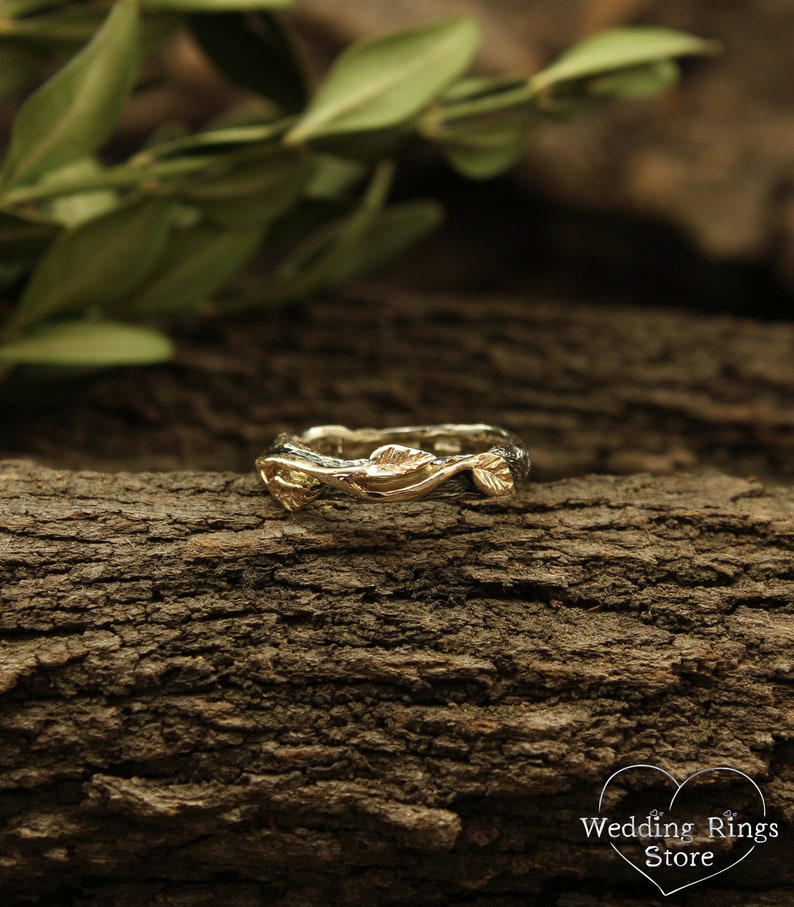 Cute Silver Branch & Gold Leaves Wedding Ring