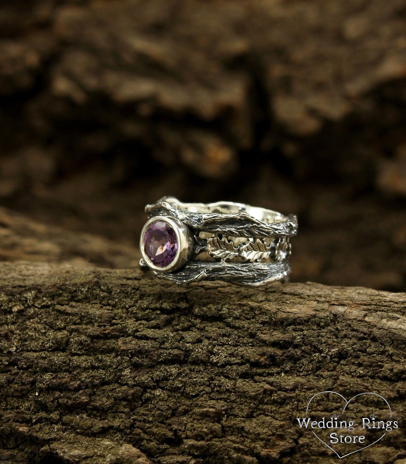 Oak Leaves in Wide Silver Ring with Amethyst