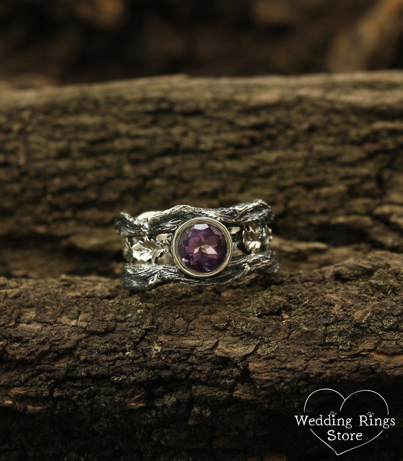 Oak Leaves in Wide Silver Ring with Amethyst