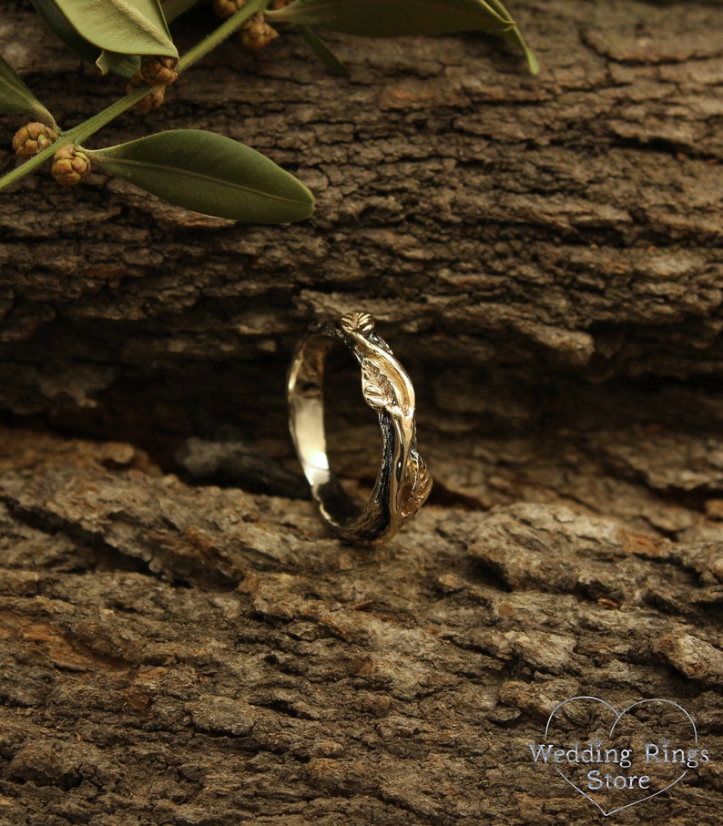 Cute Silver Branch & Gold Leaves Wedding Ring