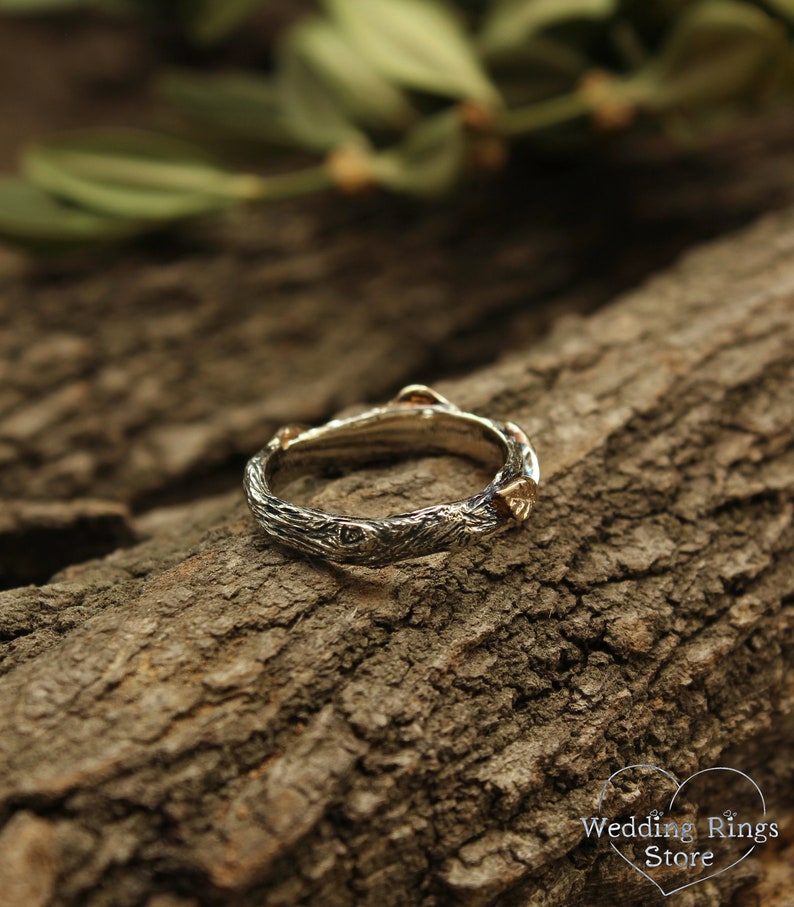 Cute Silver Branch & Gold Leaves Wedding Ring