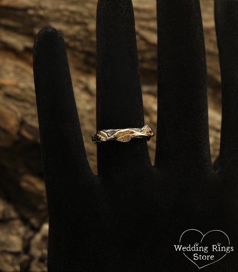 Cute Silver Branch & Gold Leaves Wedding Ring